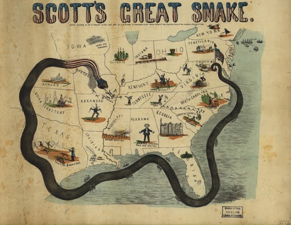 Civil War era illustration of General Winfield Scott’s plan for blockading the Confederacy’s ports and waterways.