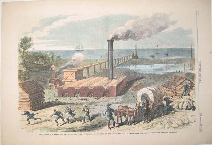 Confederate salt works under attack by Union forces on Florida coast